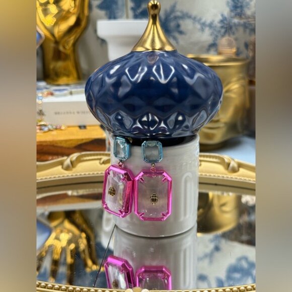 🆕 KURT GEIGER LONDON 🧿 NWOT Rectangle Stone Earrings, Metallic Blue & Pink - Picture 12 of 16